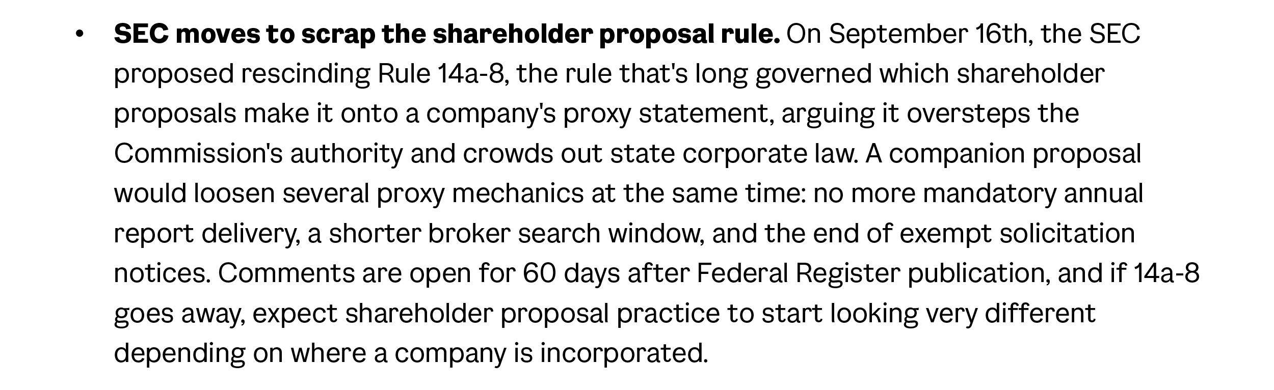 SEC moves to scrap the shareholder proposal rule_Sept newsletter